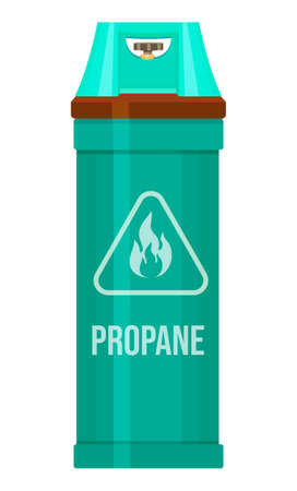 Isolated gas container with propane. Compressed gas in tank with regulator under high pressure. Balloon filling gas liquid, fuel. Cartoon illustration. Warning sign, flammable, explosion, dangerousのイラスト素材