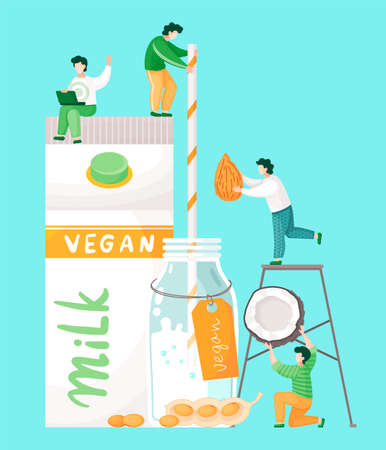 Plant-based vegan nutty milk. Healthy cow alternative to lactose milk. Cartoon illustration of tiny people near big milk bottles and nuts. Banner with milk in bottle, almond nuts, peanut and coconutのイラスト素材