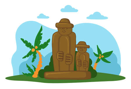 Stone sculptures and palm in Stone park. Stone statue of dol hareubang tourist attraction on Jeju Korean island vector illustration. Travel to South korea. Welcome to Jeju island. Vacation in Asiaのイラスト素材