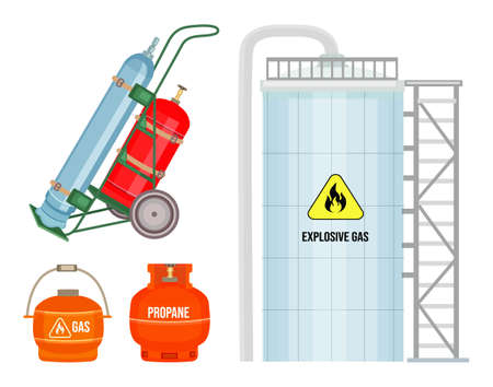 Set of gas cylinder vector tank. Propane bottle icon container. Oxygen gas cylinder canister fuel storage. Balloon with flammable sign. Oil fuel metal safety. Safe butane and propane, oxygen equipmentのイラスト素材