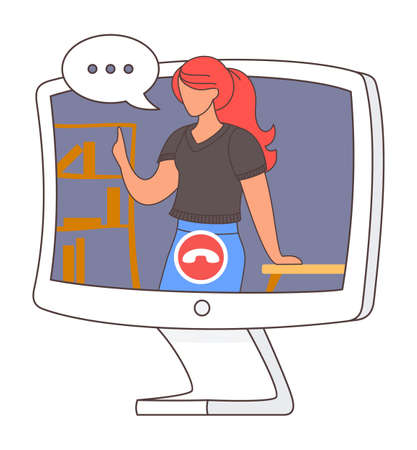 Woman worker talking through video call. Video conference at computer monitor, online conversation with video. Red-haired girl with ponytail lean on table. Woman with bubble text cloud. Live streamのイラスト素材