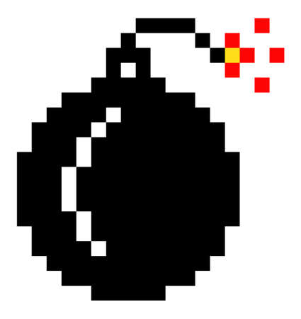 Pixel art style isolated vector bomb for retro game. Black round core with a wick that burns.のイラスト素材