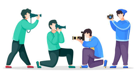 Set of vector cartoon characters isolated at white. Photographers or paparazzi taking photo, shooting with reflex camera, digital camera, photocamera. Photo journalist with professional equipmentのイラスト素材