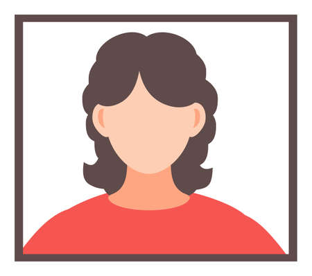 Avatar of faceless young brunette woman in frame. Cartoon vector character. Young girl portrait. User of website.のイラスト素材