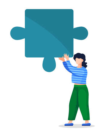 Illustration part of teamwork, woman picks up big puzzle, businesswoman helps team, contribution, concept of business process, working process, movement towards the goal, cooperation, membershipのイラスト素材