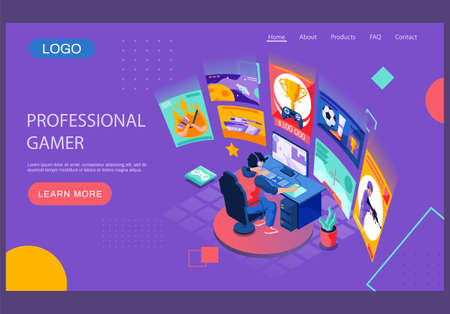 Professional gamer vector illustration. E sport player. Man sitting at a desk with computer playing the game. Cyber sport. Depicting scenes of various online game applications on lilac backgroundのイラスト素材