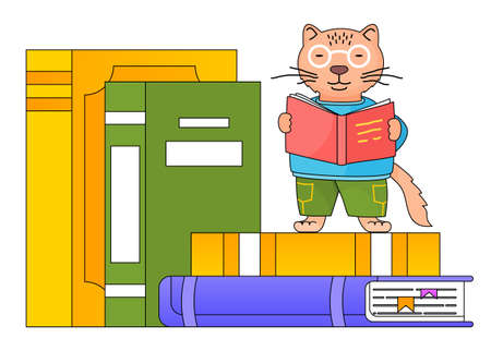 Funny cartoon animal student or teacher illustration. Smart cat in glasses with a book in his hands is reading. Back to school concept. . Pupil is standing on stack of big books and reading a textbookのイラスト素材
