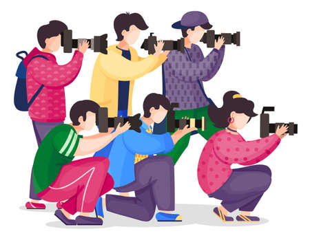 Set of vector cartoon characters isolated at white. Photographers or paparazzi taking photo, shooting with reflex camera, digital camera, side view. Photo journalists with professional equipmentのイラスト素材