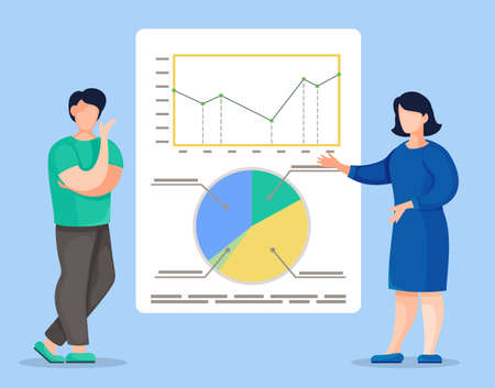 Man and woman analysing graphs, diagram on white board. Cartoon characters presenting financial plan. Workers presenting graphical analysis. People isolated at blue background in flat styleのイラスト素材