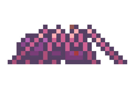 Pixel game style. Violet spider isolated at white background. Pixelated monster npc in mobile game. World of 8-bit game, graphics in 80s style, danger for hero, attacking monster. Web vector iconのイラスト素材
