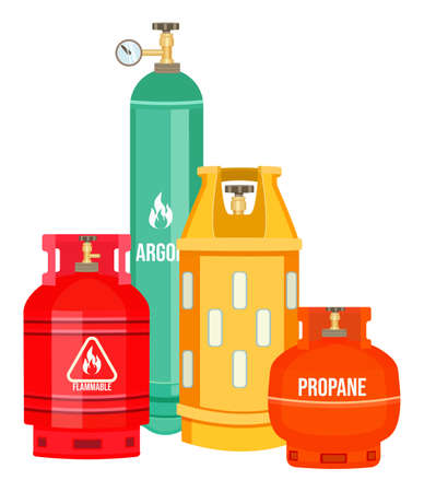 Collection of cartoon vector icons. Gas cylinder, balloon with gas, propane, argon, gas tank. Flammable gas, warning sign. Reservoirs with regulators. Gas container with indicator, manometr. Cautionのイラスト素材