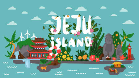 Panorama of picturesque korean island Jeju. Banner with image of the main attractions of the island. Tourist lions waterfalls, stone figures in Stone park, red lighthouse, temple and mountain hallasanのイラスト素材