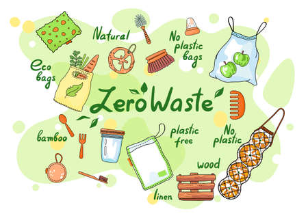 Zero waste reusable household items, kitchen organic materials, recycling, nature protection, bamboo, wood, glass, linen, cotton, eco string mesh bag, bamboo hair brush, comb, eco friendly materialsのイラスト素材