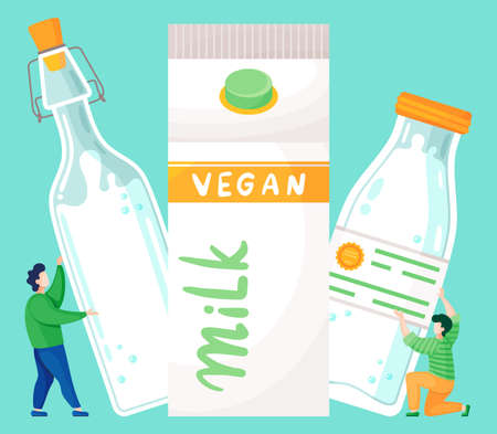 Plant-based vegan nutty milk. Healthy cow alternative to lactose milk. Cartoon illustration of tiny people near big milk bottles and box. Vegetarian food banner with milk in glass bottle and paper boxのイラスト素材