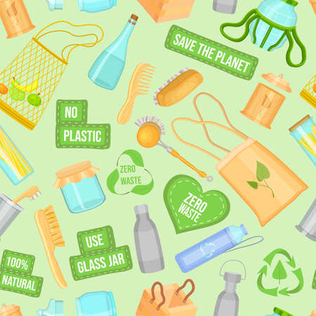 Zero waste products and lettering. Eco concept use safe packaging. Set of durable and reusable products or things - glass jars, bags for eco groceries, wooden crafts. Eco style save the planetのイラスト素材