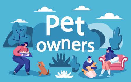 People spending time with loved pets in park. Man and woman playing with cat and dog outdoors....