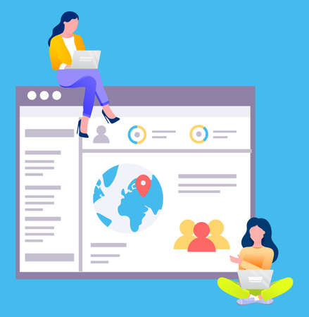 Developer woman working with laptop wireless device. Website social network with global location symbol. Employee female character communicating with webpage in computer isolated on blue vectorのイラスト素材
