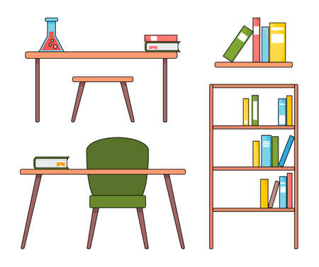Illustration of teacher s workplace and student s school desk, bookcase in a cartoon style. Back to school concept. Chair and a table with book, a desk with flask with liquid and textbooks, bookshelfのイラスト素材