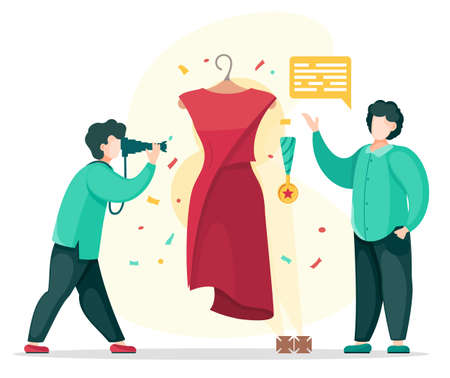 Photo journalist taking photo of presentation or exhibition. Designer presenting new fashionable cloth, got a medal, won prize. Red dress at hanger. Stylist with dialog cloud telling about successのイラスト素材
