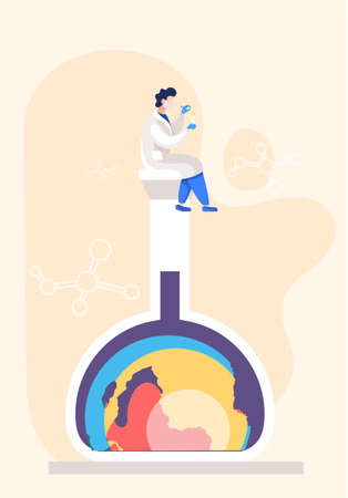 Male scientist working in laboratory doing research, making analysis of environmental pollution, sitting on a large glass flask with a planet inside. Man making scientific experiments, doctor in labのイラスト素材