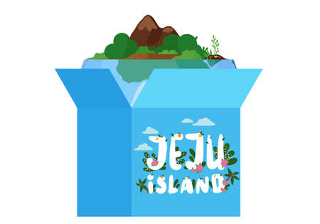 Gift blue open box with a piece of green island with trees and mountains and Jeju island...