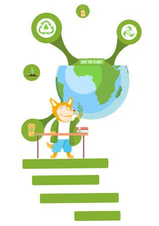 Save the planet. A smiling animal fox is holding sprout standing near blue and green earth globe with an inscription on white background. Concept of energy saving and ecology, care for natureのイラスト素材