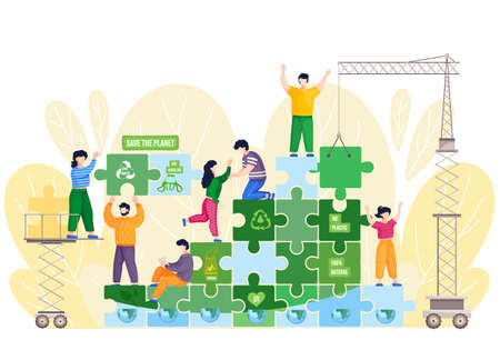 Zero waste lifestyle concept. Vector illustration with people and eco style elements in the form of puzzles. Use glass jar, no plastic. Save the planet. Care for the environment, reusable packagingのイラスト素材