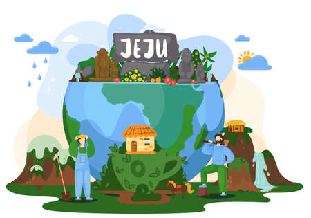 Beautiful tropical island jeju with green plants and flowers on planet earth near green meadow with mountaines and waterfalls. People with a shovel and an ax near the globe with stone figuresのイラスト素材