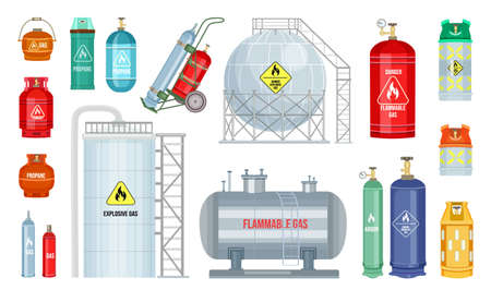 Vector gas cylinder set icon. Cylindrical container with liquefied compressed gases with high pressure and valves isolated. Lpg gas-bottle and gas-cylinder. Safety fuel tank of helium butane acetyleneのイラスト素材