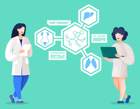 Scientists or researchers reading patients diagnosis. Isolated screens with information of human body, problems and solution. Woman with report paper, colleagues at work, vector in flat styleのイラスト素材