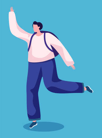 Man standing on one leg and greeting someone isolated character in flat design cartoon style. Vector male with backpack, happy student or employer worker illustration, pet owner at walk search animalのイラスト素材