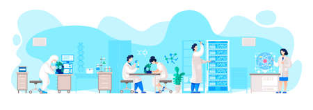 People working on scientific researchers. Scientists in laboratory using appliances and devices for testing new medication for viruses samples experiments. Pharmaceutical or chemical analysis vectorのイラスト素材