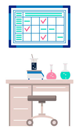 Working place of scientists or researchers. Laboratory with table and test tubes filled with substances and liquids for conducting researches. Organizer board with info or schedule, vector in flatのイラスト素材