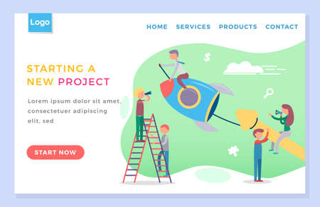 People starting new project together. Launch of rocket like start of business, startup. Team working...