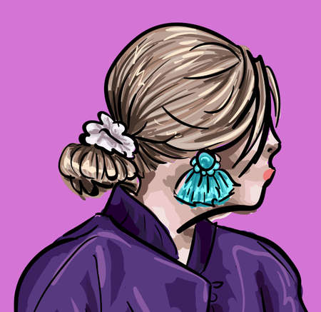 Female character with stylish hairstyle and accent accessories. Woman looking back showing earrings and back of head. Fashionable young girl. Feminine lady or model, diva vector illustrationのイラスト素材