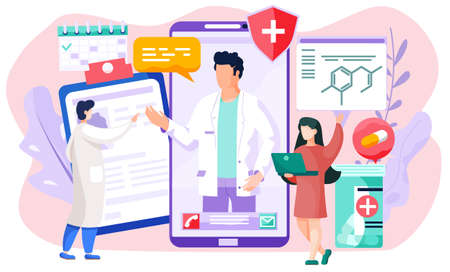 A screen with photo of the talking doctor and proposal to call or write sms. The therapist stands next to a mobile phone and points to a person on the screen. Online consultation with medicのイラスト素材