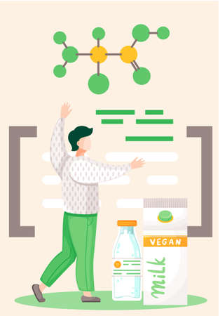 Male scientist examines the chemical composition and formula of natural organic milk for vegans. Man on the background of the text. Plant-based vegan milk. Healthy cow alternative to lactose milkのイラスト素材