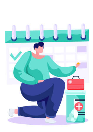Schedule of treatment procedures and taking pills. Concept of system reminder regular to visit doctor. Woman patient pulls the medicine out of the bag, sitting near a large calendar with marksのイラスト素材