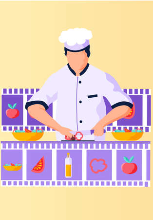 Cooking blog. Online culinary lesson. Making salad recipe video. Chef in uniform on the kitchen. Professional chef slices bell pepper on a cutting board for the salad. Video recording of a blogのイラスト素材