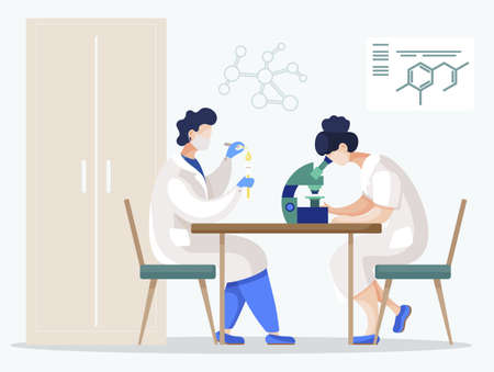 People working on scientific experiment in laboratory. Chemists on lessons of chemistry, teamwork of college students. Character analyzing cells with microscope and substances. Vector in flatのイラスト素材
