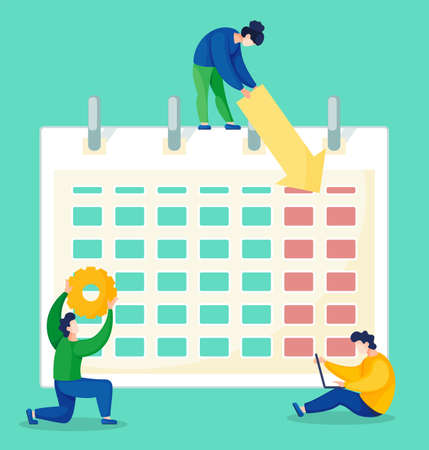 People near calendar try to arrange schedule Vector illustration data analysis process, male circles something. Businessman sit on floor, works on laptop, time management and process organizationのイラスト素材