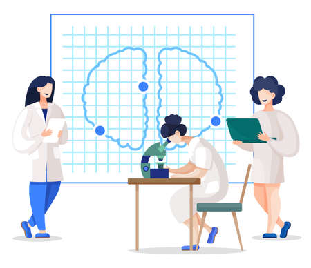 Medical workers or scientists examining scan of patients brain. Team of doctors using data and history, microscopy and x ray. Students visiting neurology classes in laboratory, vector in flat styleのイラスト素材