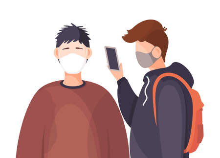 Multinational man wearing face medical masks. Viral pandemia. People in protective masks at white. Vector cartoon characters. Coronavirus 2019-ncov flu. Respiratory protection virus pandemiaのイラスト素材