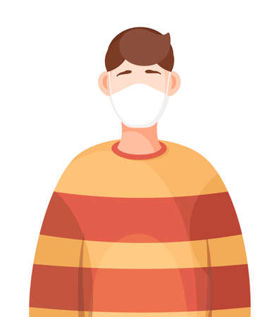 Young man wearing face medical mask standing at white background. Viral pandemic. Coronavirus 2019-ncov flu. Respiratory protection from virus pandemia. Quarantine and self-isolation. Flat vectorのイラスト素材