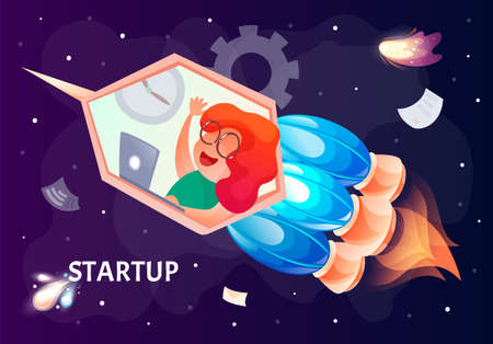 Startup vector concept, bright colorful fire engine rocket with female flying in universe, launching...