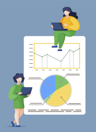 Two women near board with analytics graphics. Businesswomen working on laptops on project together. Company financial information on colorful segments of diagram. Vector illustration in flat styleのイラスト素材