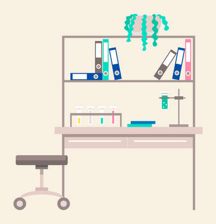 Workplace of doctors or scientists. Furniture of laboratory. Working space of lab with equipment and devices for researches and experiments. Files and document papers with decor. Vector in flat styleのイラスト素材