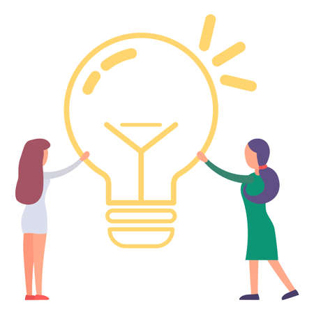 Two women looking on outline light bulb. Businesswomen stand near symbol of idea, creative solution for business. Object that produces lighting from electricity. Vector illustration in flat styleのイラスト素材