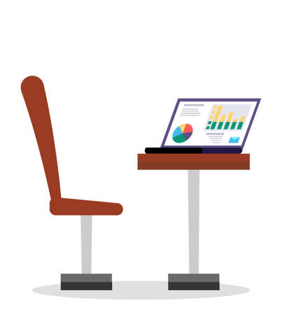 Red table and chair, office furniture. Electronic device, laptop for work and study. Modern design of workspace. Analytics charts on computer screen. Vector illustration of workplace in flat styleのイラスト素材