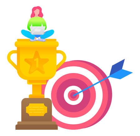 Woman sit on golden trophy and work on laptop. Reward for winner, successful person. Round dartboard with arrow in aim. Lady reaches goal, target in business. Vector illustration in flat styleのイラスト素材